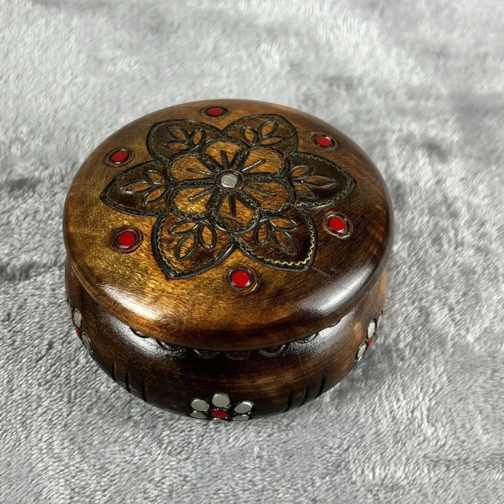 Vintage Hand Carved Wooden Trinket Box Round Floral Relief Lid Rustic Jewelry...